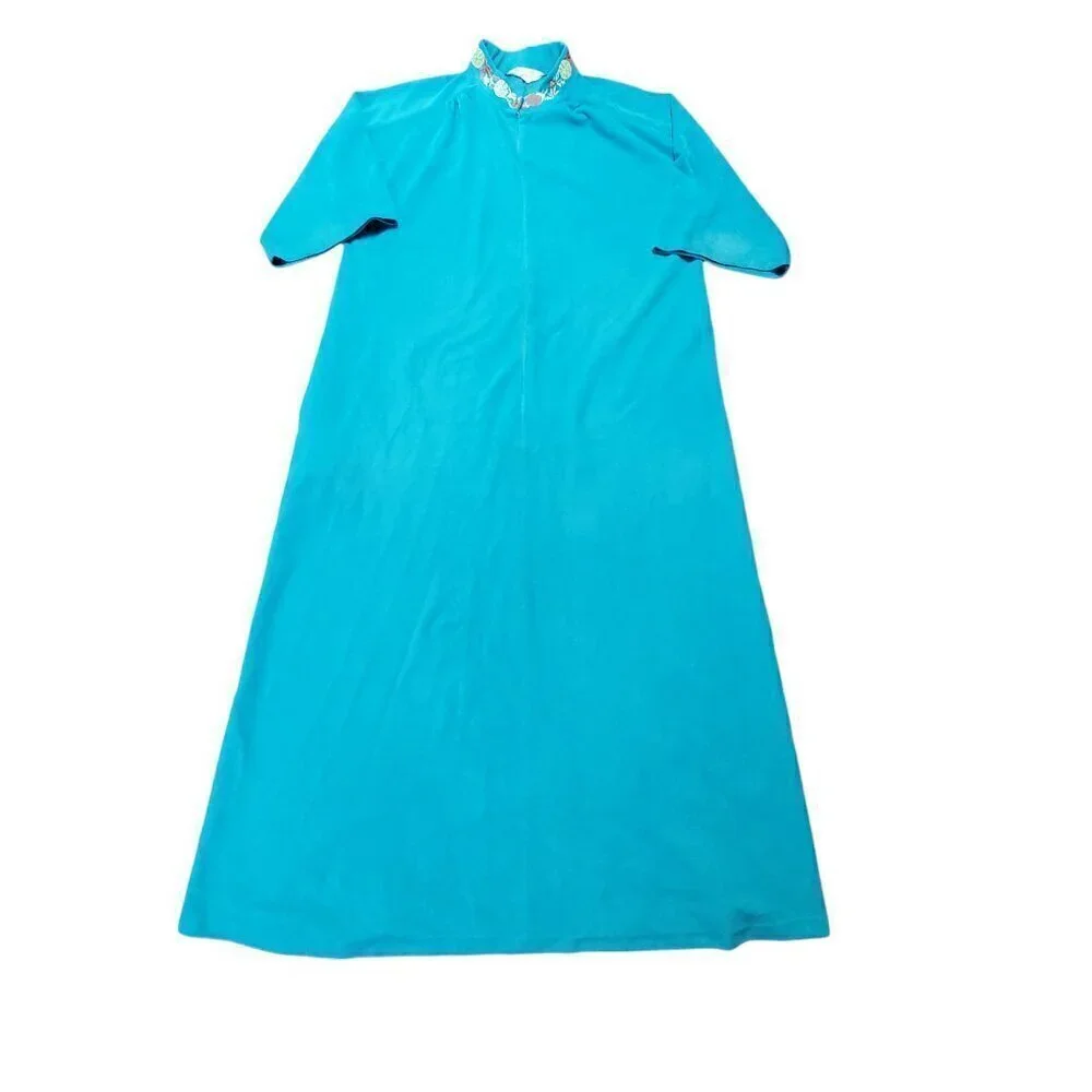 Vintage Vanity Fair Embroidered Mock Neck Night Gown House Coat Maxi Teal Size L